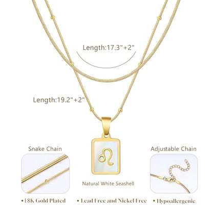 LETFLY Layered Zodiac Necklace for Women 18K Gold Natural Shell Pendant | Birthday Gifts for Women, Daily Wear, Hypoallergenic Material, Personalized Constellation Pendant, Adjustable, Snake Chain - style: Leo