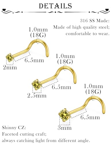 18G 20G 22G Stainless Surgical Steel Titanium Nose Rings Studs for Women L Shaped Nose Rings Screw Nose Studs Nostrial Piercing Jewelry for Women Men Silver Gold Black - style: 18G/Yellow CZ/Screw/Gold