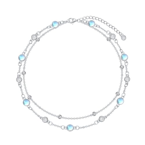 HPQQ Anklets for Women 925 Sterling Silver Natural Stone Layered Anklet Beach Summer Fine Jewelry Birthday Mothers Day Gifts for Women Mom Her - color: Moonstone 9"-11"