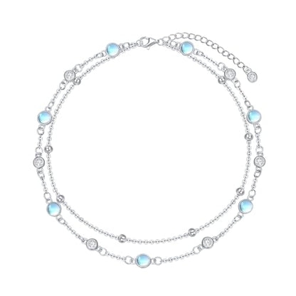 HPQQ Anklets for Women 925 Sterling Silver Natural Stone Layered Anklet Beach Summer Fine Jewelry Birthday Mothers Day Gifts for Women Mom Her - color: Moonstone 9"-11"