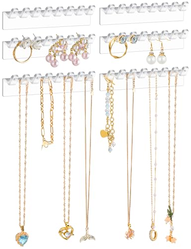 NiHome 6 Pack Wall Mounted Jewelry Organizer Earring Holder Clear Adhesive | Features 48 Hanging Hooks for Neat Storage of Necklaces and Bracelets in Closet or Bathroom - color: Clear-6PCS