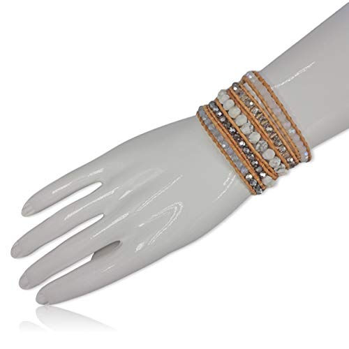 MGR MY GEMS ROCK! 35-Inch Long Multi-Layer Hand Crafted Gemstone and Crystal Multi-Stone Beaded on Genuine Leather Boho Style Stackable Super Wrap Bracelet, up to 5 Wraps.