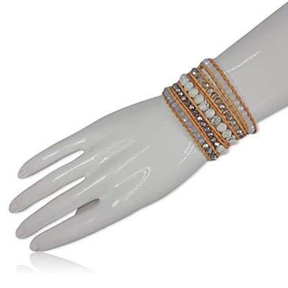 MGR MY GEMS ROCK! 35-Inch Long Multi-Layer Hand Crafted Gemstone and Crystal Multi-Stone Beaded on Genuine Leather Boho Style Stackable Super Wrap Bracelet, up to 5 Wraps.