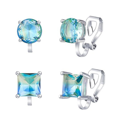 YOQUCOL 2 Pairs 8MM Cubic Zirconia Crystal Clip On Stud Earrings Non Pierced Stud Earrings For Women - color: Aurora-Blue Green