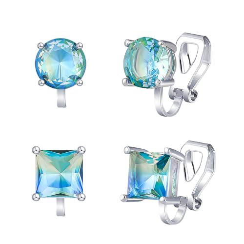 YOQUCOL 2 Pairs 8MM Cubic Zirconia Crystal Clip On Stud Earrings Non Pierced Stud Earrings For Women - color: Aurora-Blue Green