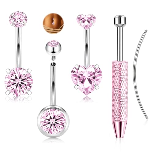 ONESING 14G Belly Button Rings Hypoallergenic Surgical Stainless Steel Belly Rings for Women Round Heart Teardrop Cubic Zirconia 12MM Navel Piercing Jewelry Barbell Studs with Tools - color: Silver B-Pink CZ-14G