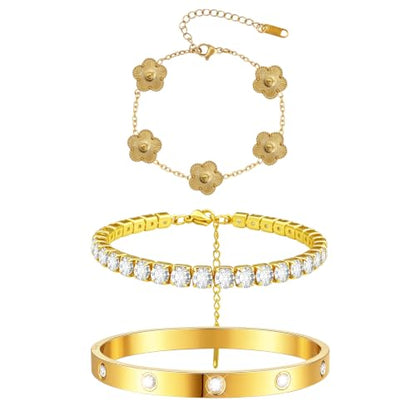 Gold Stackable Bracelets for Women 18K Gold Plated Floral Bracelet, Stainless Steel Bangle Bracelets Trendy Jewelry as Gifts for Women - style: Gold
