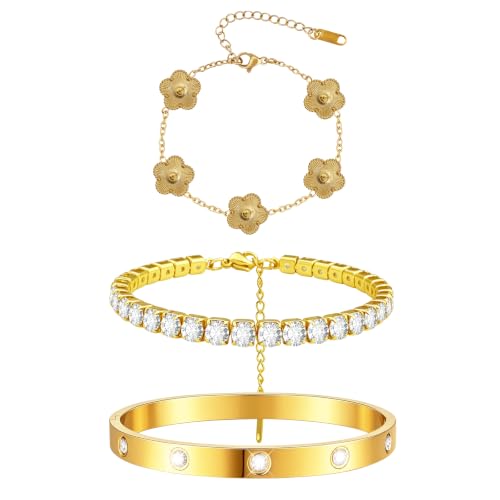 Gold Stackable Bracelets for Women 18K Gold Plated Floral Bracelet, Stainless Steel Bangle Bracelets Trendy Jewelry as Gifts for Women - style: Gold