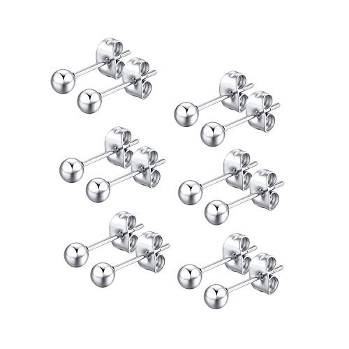 FOSIR 6 Pair Tiny Women 14K Gold Plated Ball Stud Earrings Surgical Stainless Steel Earrings Set, 2-6MM - style: silver-6pair,5mm