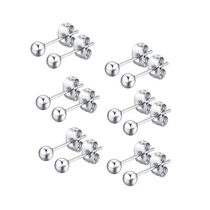 FOSIR 6 Pair Tiny Women 14K Gold Plated Ball Stud Earrings Surgical Stainless Steel Earrings Set, 2-6MM - style: silver-6pair,6mm