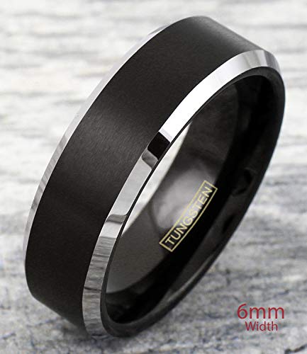 Classic Modern Minimalist 6mm/8mm Brushed Satin Finish Black Tungsten Carbide Band Ring w/Brilliant Polished Silver Beveled Edges feat. Comfort Fit Inner Band.
