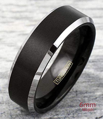 Classic Modern Minimalist 6mm/8mm Brushed Satin Finish Black Tungsten Carbide Band Ring w/Brilliant Polished Silver Beveled Edges feat. Comfort Fit Inner Band.