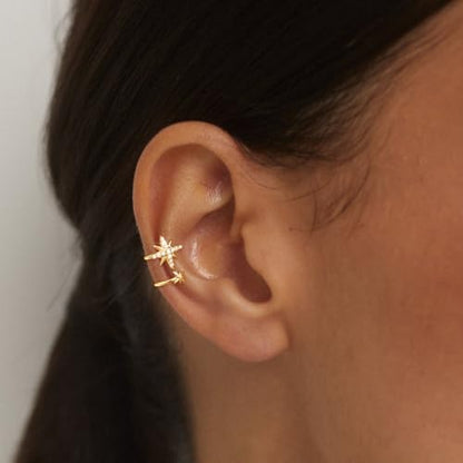 Star 14K Gold Plated Ear Cuff Earrings for Women Non Piercing, Dainty Silver Plated Clip on Cartilage Ear Cuff Non Pierced Trendy CZ Northstar Starburst Sparkling Climber Clawer Earring Jewelry - style: Two Star-Gold
