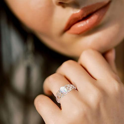 PRAYMOS 925 Sterling Silver Ring Birthstone Ring Turquoise Moss White Opal Ring for Women Celtic Knot Open Adjustable Thrumb Ring - color: white opal