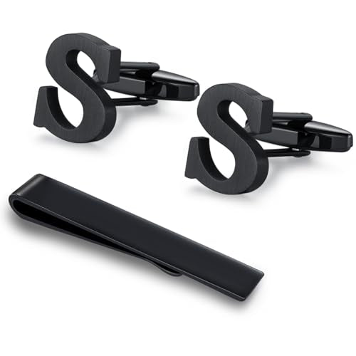HONEY BEAR Black Initial Letter Round Cufflinks Tie Clip Set for Men | Wedding Business, Tarnish-Resistant, Steel-Plated Copper Base, Gift Box, for Groomsmen, Father, Husband, Anniversary, Formal - style: S
