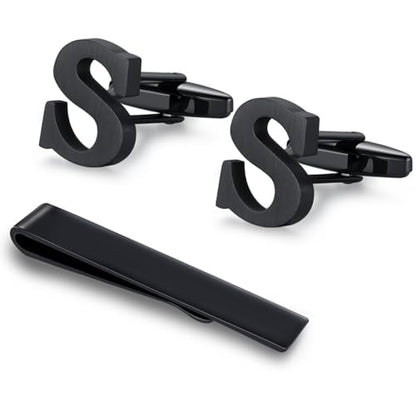 HONEY BEAR Black Initial Letter Round Cufflinks Tie Clip Set for Men | Wedding Business, Tarnish-Resistant, Steel-Plated Copper Base, Gift Box, for Groomsmen, Father, Husband, Anniversary, Formal - style: S