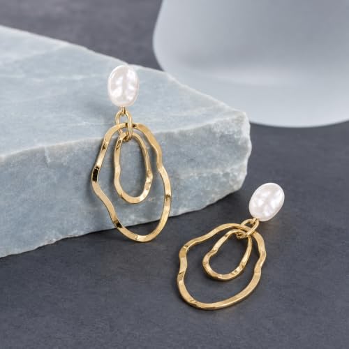 Gold Irregular Oval Drop Earrings for Women with Faux Pearl Studs, Lightweight Geometric Statement Dangle Earrings for Daily Wear Party Wedding Gift