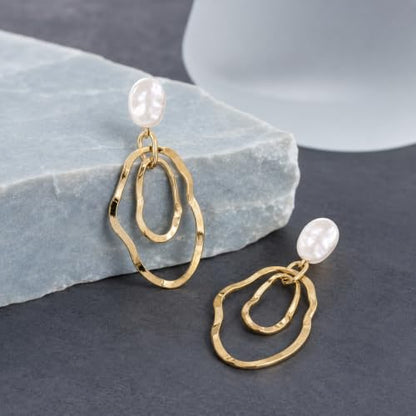 Gold Irregular Oval Drop Earrings for Women with Faux Pearl Studs, Lightweight Geometric Statement Dangle Earrings for Daily Wear Party Wedding Gift