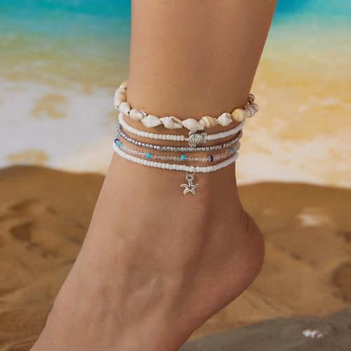 Qceasiy Starfish Ankle Bracelets for Women, Boho Beaded Beach Anklets Set | Gold-plated layered anklets in seashell, disc, and conch styles, with stretch or adjustable fits for summer beach outfits. - color: White 1