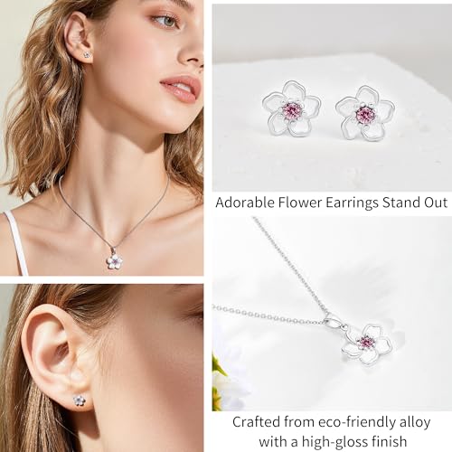 Flower Necklace Earrings Set for Women 14K Gold Plated Hypoallergenic Sets Pair with Different Birthstones for Wedding Party Bridal Bridesmaid Accessories Teacher Valentine Gifts - color: Silver