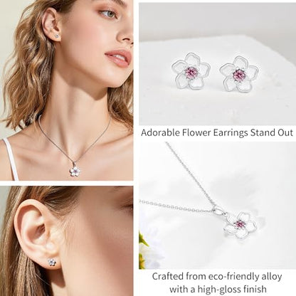 Flower Necklace Earrings Set for Women 14K Gold Plated Hypoallergenic Sets Pair with Different Birthstones for Wedding Party Bridal Bridesmaid Accessories Teacher Valentine Gifts - color: Silver