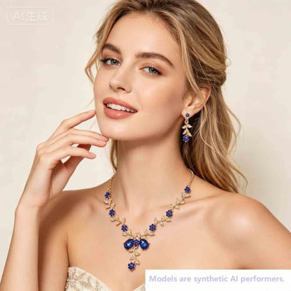 Kamirola Women's Wedding Jewelry Leaf Cluster Flower Crystal Dangle Earrings Pendant Necklace Set for BridalCrystal Bridal Jewelry Set - color: Gold Blue