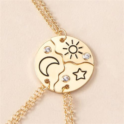 3pcs Friendship Moon Sun Star Puzzle Matching Necklace Set Gold Silver Plated Cute Crescent Round Circle Geometric Best Friend BFF Pendant Necklace for 3 Women Sisters Daughter Birthday Jewelry Gifts - color: Gold