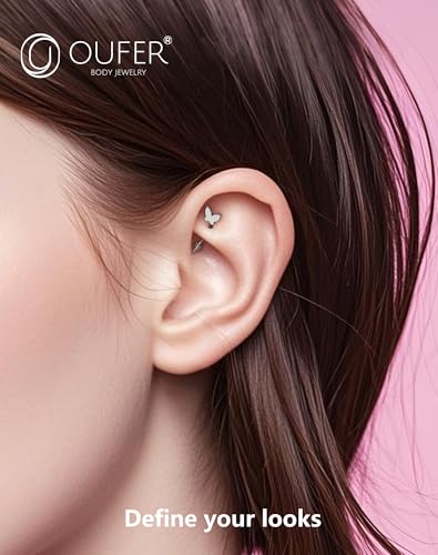 OUFER Rook Piercing Jewelry, G23 Solid Titanium Eyebrow Rings, Heart Vertical Labret Lip Jewelry, 16G Curved Barbells, Daith Rook Earrings for Women Men - color: Butterfly, size: 16G 8mm