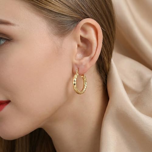 14K Gold Hoop Earrings for Women 14K Gold Earrings Classic Shiny Polished Round Big Hoop Earring for Women Hypoallergenic Womens Earring Hoops - size: 25mm