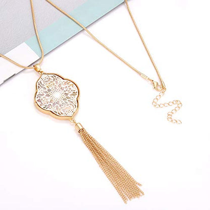 MOLOCH Long Necklaces For Woman Disk Circle Pendant Necklaces Tassel Fringe Necklace Set Statement Pendant - color: quatrefoil--gold-Floral
