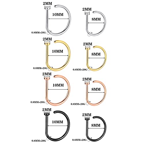 20G Nose Rings Piercing Jewelry Screw Hoops Hypoallergenic for Women Men - color: D Shape,20G 8mm+10mm