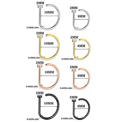 20G Nose Rings Piercing Jewelry Screw Hoops Hypoallergenic for Women Men - color: D Shape,20G 8mm+10mm