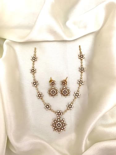 Antique Gold Plated Temple Jewellery Necklace Set with Earrings for Women, Traditional Indian Bridal Necklace Set, South Indian Choker Haram Style Jewellery Set, Ethnic Wedding Party Wear Necklace Set for Women - color: AD-Neck-120