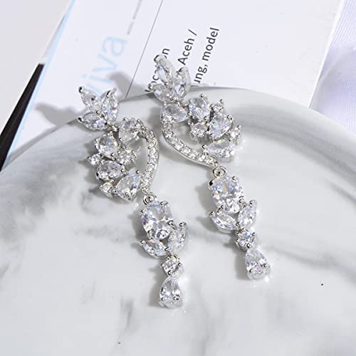 CZ Bridal Earrings for Wedding - 14k Plated Sterling Silver Elegant Teardrop Cubic Zirconia Crystal Rhinestone Floarl Leaf Cluster Chandelier Statement Dangle Drop Earrings for Bride Bridesmaids Party - color: Floral - Silver