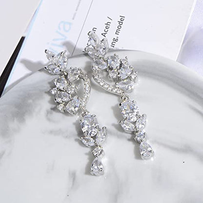 CZ Bridal Earrings for Wedding - 14k Plated Sterling Silver Elegant Teardrop Cubic Zirconia Crystal Rhinestone Floarl Leaf Cluster Chandelier Statement Dangle Drop Earrings for Bride Bridesmaids Party - color: Floral - Silver