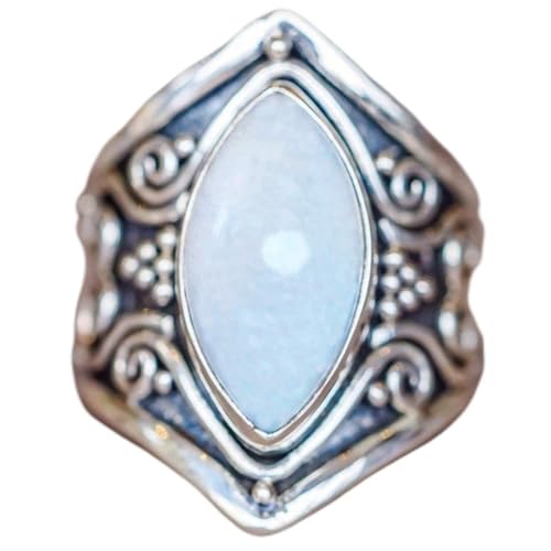 Cuteshop Vintage Silver Ring 925 Sterling Silver Natural Moonstone Women Jewelry Elegant Gemstone Wedding Ring Size 5-11 (11) - size: 11