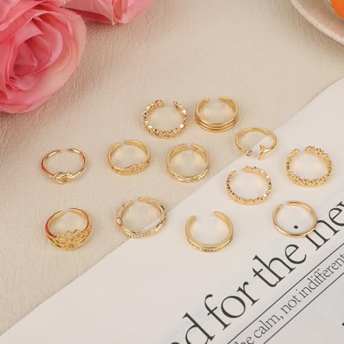 12pcs Toe Rings, 12 Styles Adjustable Copper Open Toe Ring Gold Foot Decoration Jewelry Set for Women Summer Beach