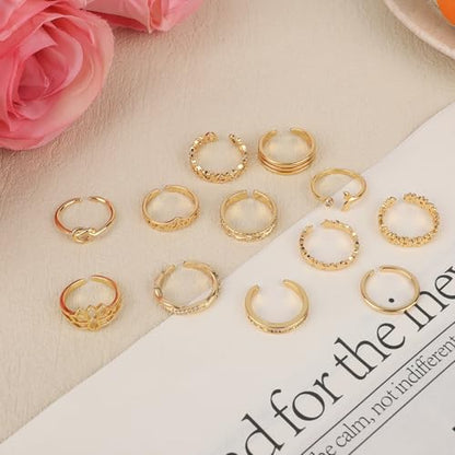 12pcs Toe Rings, 12 Styles Adjustable Copper Open Toe Ring Gold Foot Decoration Jewelry Set for Women Summer Beach
