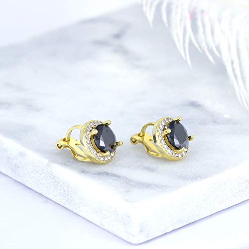 YOQUCOL 8MM Cubic Zirconia Crystal Clip On Stud Earrings Round Non Pierced Earrings for Women - color: Gold-Black