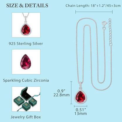 FJ Teardrop Pendant Necklace 925 Sterling Silver Birthstone Jewelry for Women - color: 07 July-Ruby