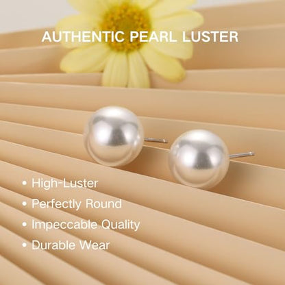 925 Sterling Silver Pearl Stud Earrings for Women, Hypoallergenic Silver Pearl Earrings Everyday Jewelry - size: 12mm