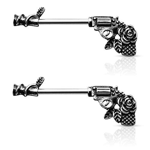 Pierced Owl - 14G Stainless Steel Rose Pistol Gun Nipple Barbells, Sold as a Pair