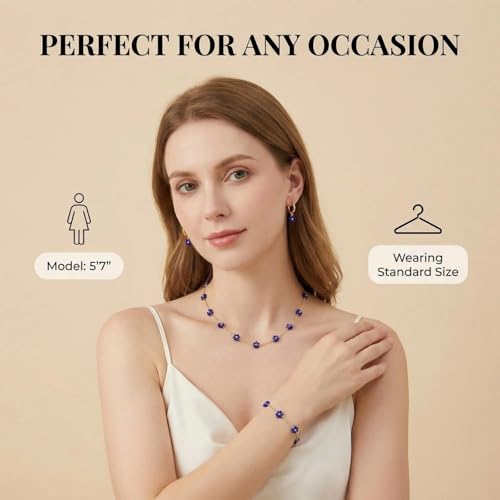 Daisy Pearl Jewelry Set for Women, 14K Gold Plated Stainless Steel Necklace Bracelet Earring 3 Piece Set, Dainty Pearl Choker Flower Necklace Birthday Gift for Her - color: Dark Blue