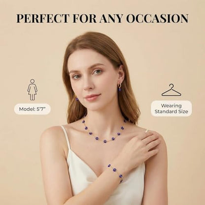 Daisy Pearl Jewelry Set for Women, 14K Gold Plated Stainless Steel Necklace Bracelet Earring 3 Piece Set, Dainty Pearl Choker Flower Necklace Birthday Gift for Her - color: Dark Blue