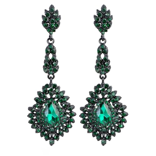 Crystal Teardrop Dangle Earrings - S925 Sterling Silver Posts Rhinestone Drop Earrings for Women Wedding Bridal Brides Bridesmaids Party Prom Pageant Fashion Costume Jewelry - style: green crystal teardrop dangle earrings black