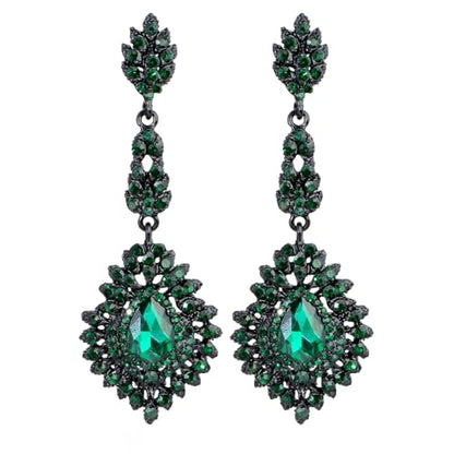 Crystal Teardrop Dangle Earrings - S925 Sterling Silver Posts Rhinestone Drop Earrings for Women Wedding Bridal Brides Bridesmaids Party Prom Pageant Fashion Costume Jewelry - style: green crystal teardrop dangle earrings black