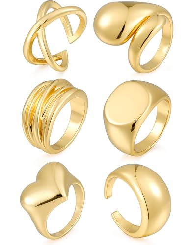 17 MILE Chunky Gold Stackable Rings for Women Non Tarnish, 18K Gold-Plated Statement Open Stacking Rings, Knuckle Band Ring Set - color: Gold 6 Pcs Rings