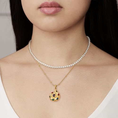 Gold Pendant Pearl Layered Choker Necklace Set for Woman, Chunky Charm Adjustable Pearls Bead Gemstone Shell Conch Tiger Eye Natural Stone Bow Chain Nacklaces Fall Fashion Prom Jewelry Gift. - color: Gem