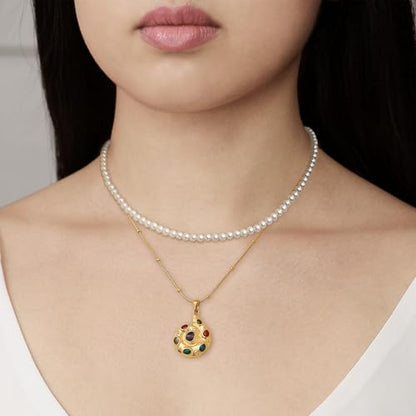 Gold Pendant Pearl Layered Choker Necklace Set for Woman, Chunky Charm Adjustable Pearls Bead Gemstone Shell Conch Tiger Eye Natural Stone Bow Chain Nacklaces Fall Fashion Prom Jewelry Gift. - color: Gem