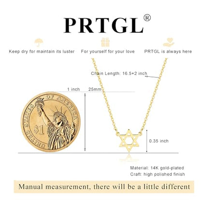 Dainty Gold Necklace: 14k Gold Plated Dianty Boots Bow Sun Moon Horse Evil Eye Conch Seahorse Necklace for Women 16.5"+2" - color: Star of David